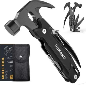 Martillo multiherramienta Pohaku 14 en 1. Multiherramienta Pohaku con pegatinas DIY. Bloqueo de seguridad. Juego de puntas de destornillador y funda de nailon resistente. Multiherramienta para exteriores. Regalo ideal para papá, esposo y novio.