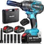 Seesii Llave de impacto inalámbrica de 1000N.m (738ft-lbs) de alto par. pistola de impacto sin escobillas de 1/2 pulgada con dos baterías de 4.0 Ah. cargador rápido. 5 enchufes y estuche de